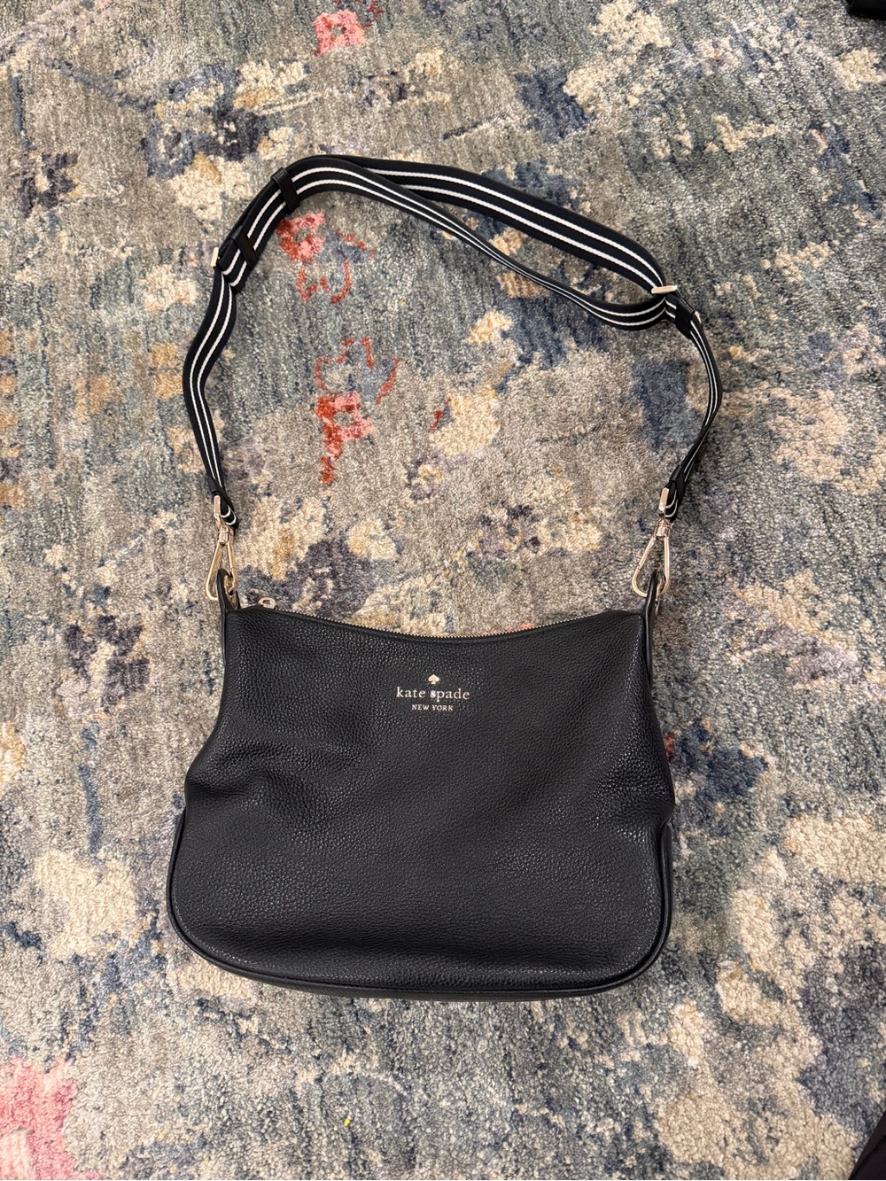 kate spade Black Pebbled Leather Crossbody with Striped Strap